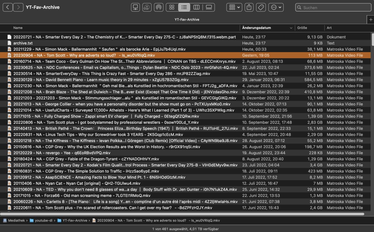 Screenshot of YouTube Favourites Archive in Finder